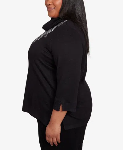 Alfred Dunner Plus Size Lake Champlain Leaf Embroidered Rib Neck Top In Black