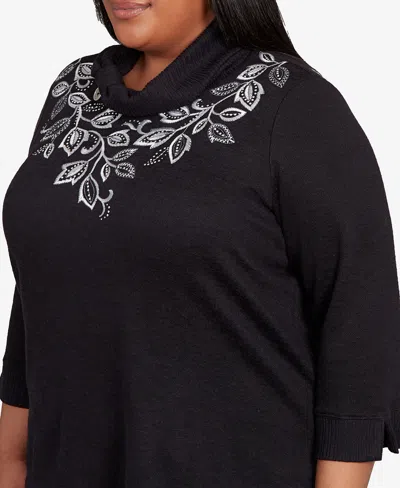 Alfred Dunner Plus Size Lake Champlain Leaf Embroidered Rib Neck Top In Black
