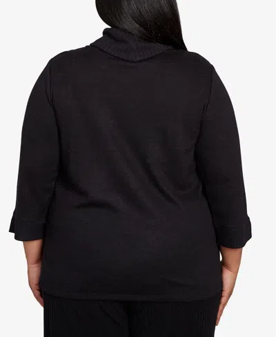 Alfred Dunner Plus Size Lake Champlain Leaf Embroidered Rib Neck Top In Black