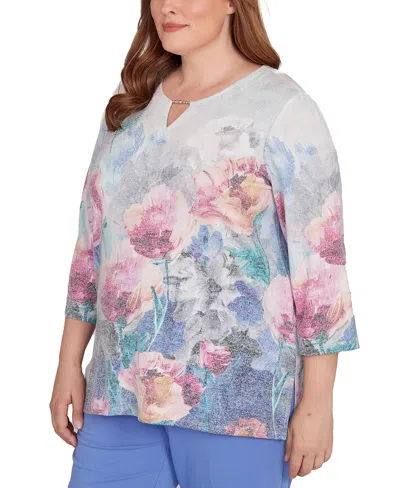 Alfred Dunner Plus Size Casual Vibe Floral Brushstroke Beaded Split Neck Top In Multi