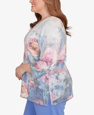 Alfred Dunner Plus Size Casual Vibe Floral Brushstroke Beaded Split Neck Top In Multi