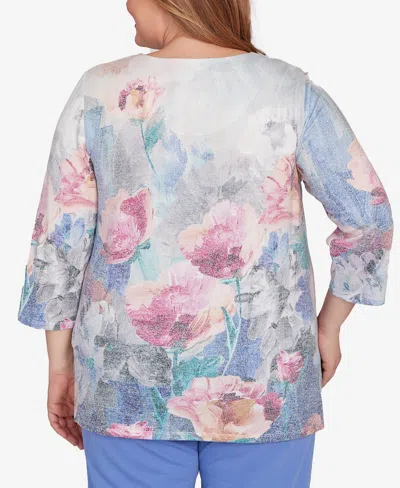 Alfred Dunner Plus Size Casual Vibe Floral Brushstroke Beaded Split Neck Top In Multi