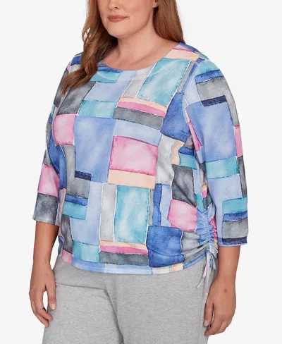 Alfred Dunner Plus Size Casual Vibe Tie Side Ruched Colorblock Top In Multi
