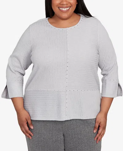 Alfred Dunner Plus Size Jet Setter Heat Set Embellished Solid Knit Top In Gray