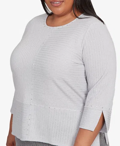 Alfred Dunner Plus Size Jet Setter Heat Set Embellished Solid Knit Top In Gray