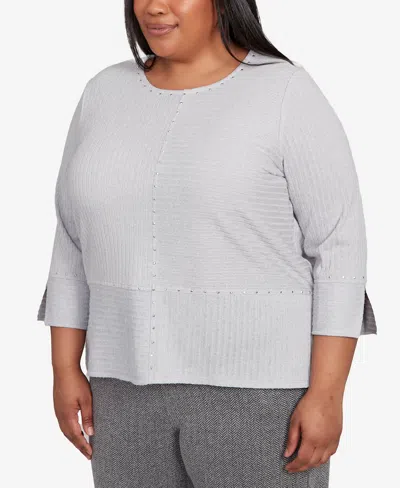 Alfred Dunner Plus Size Jet Setter Heat Set Embellished Solid Knit Top In Gray