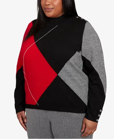 Alfred Dunner Plus Size Jet Setter Geometric Inner Two In One Sweater In Black