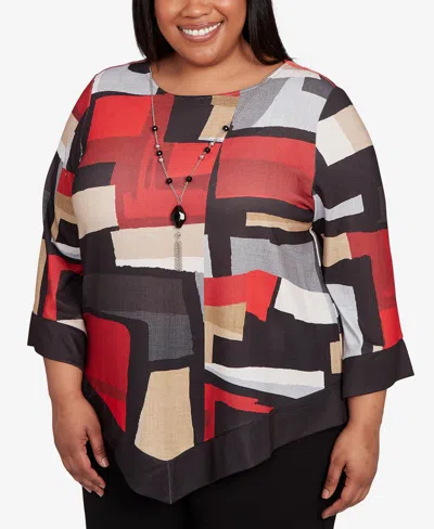 Alfred Dunner Plus Size Jet Setter Knit Colorblock Top With Necklace In Multi