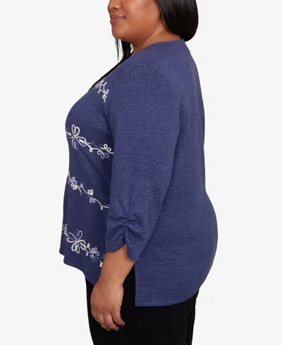 Alfred Dunner Plus Size Lake Champlain Embroidered Scroll Ruched Sleeve Top In Purple