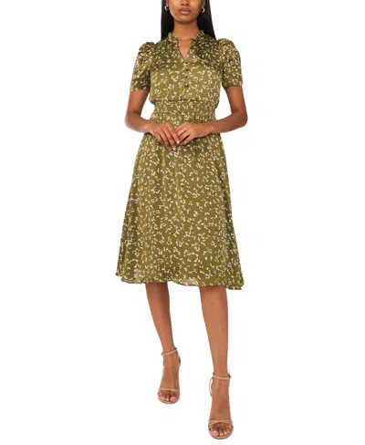Msk Petite Puff-sleeve Chiffon Midi Dress In Green
