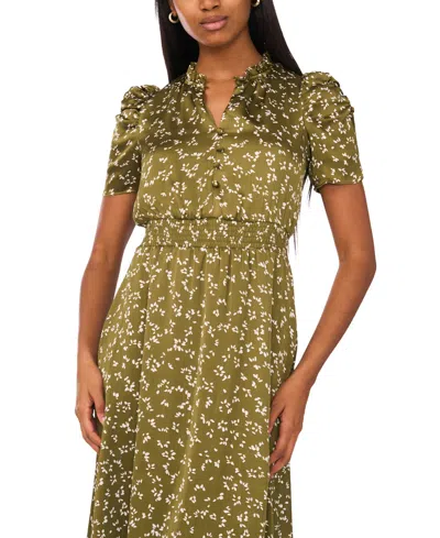 Msk Petite Puff-sleeve Chiffon Midi Dress In Green