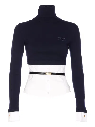 Elisabetta Franchi Turtleneck Top With Contrasting Poplin Insert And Logo Buckle In Black