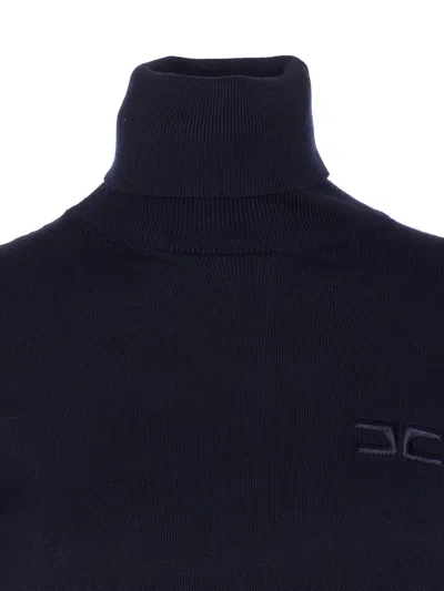 Elisabetta Franchi Turtleneck Top With Contrasting Poplin Insert And Logo Buckle In Black