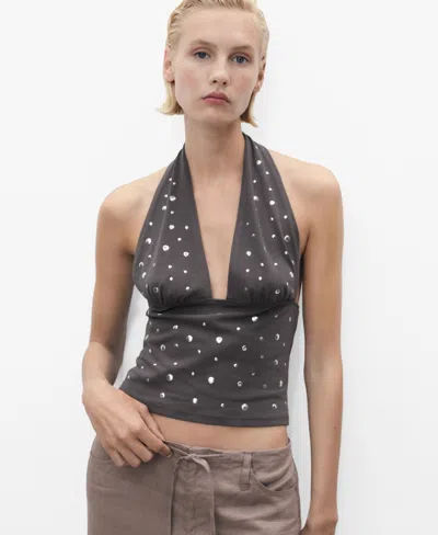 Mango Cotton Mix Studded Halter Top In Gold