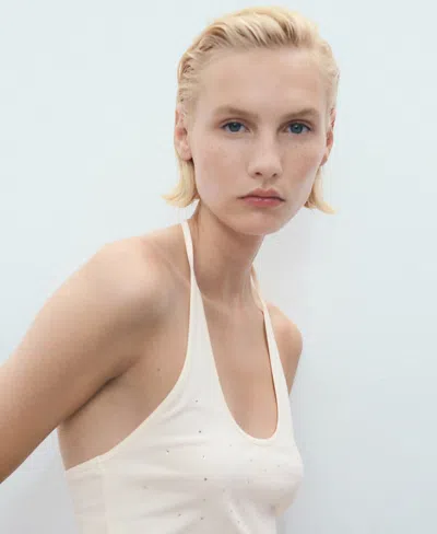Mango Cotton Embellished Halter Top In Neutral