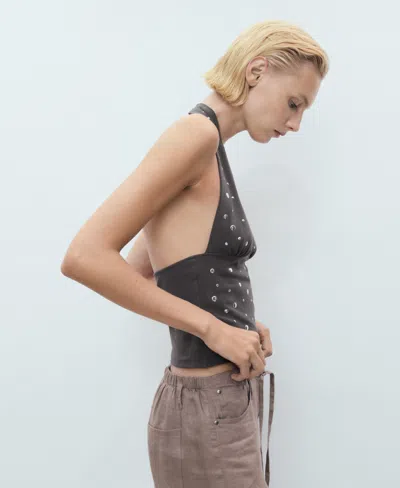 Mango Cotton Mix Studded Halter Top In Gold