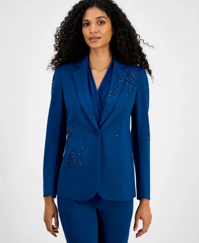 Anne Klein Womens Embellished One Button Jacket Shirred Surplice Neck Sleeveless Top Embellished Mid Rise Capri In Multi