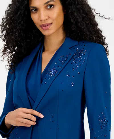 Anne Klein Womens Embellished One Button Jacket Shirred Surplice Neck Sleeveless Top Embellished Mid Rise Capri In Multi