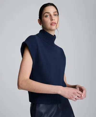 Kenneth Cole Sleeveless Mockneck Sweater With Shoulder Pads In Blue