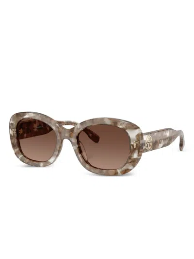 Tory Burch Marble-effect Oval-frame Sunglasses In Brown