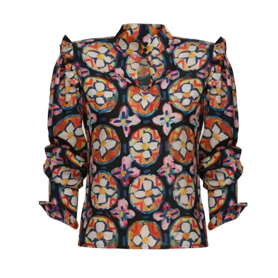 Julia Allert Women's Designer Satin Blouse With Bishop Sleeves And Stand Collar – Print In Brown