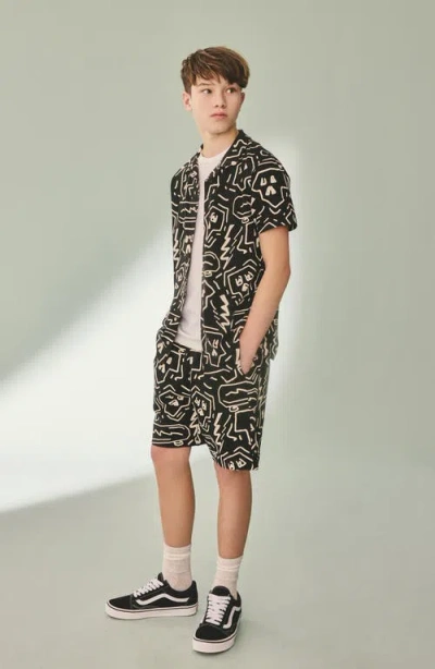 Next Kids' Abstract Print Knit Cotton Camp Shirt & Drawstring Shorts Set In Black