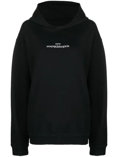 Maison Margiela Minimalist Black Hoodie With Upside-down Logo In Black