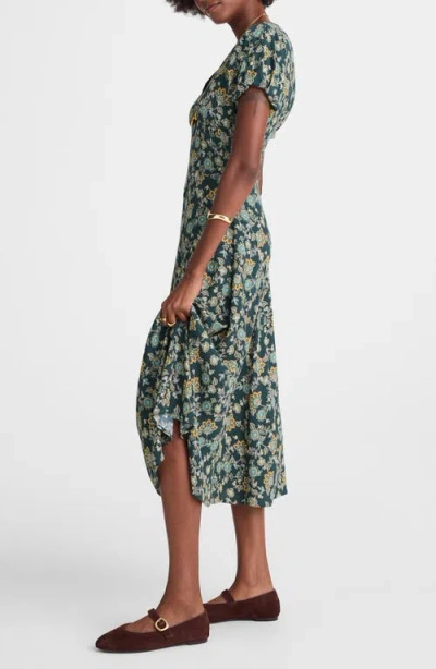 Madewell Floral Seamed Puff Sleeve Midi Dress In Green