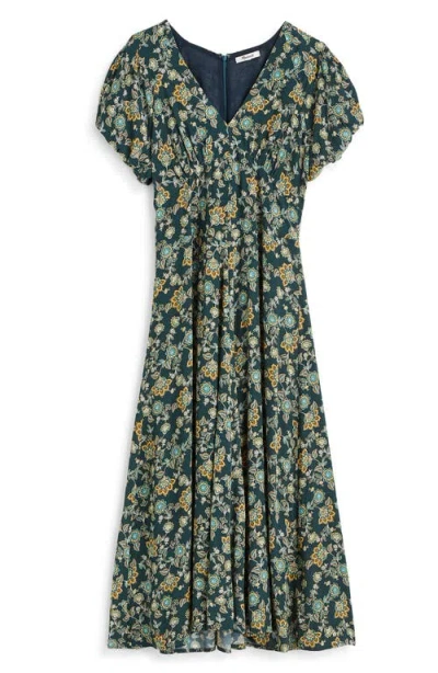 Madewell Floral Seamed Puff Sleeve Midi Dress In Green
