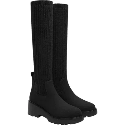 Vivaia Round-toe Knee-high Platform Chunky Wool Wedge Boots In Black