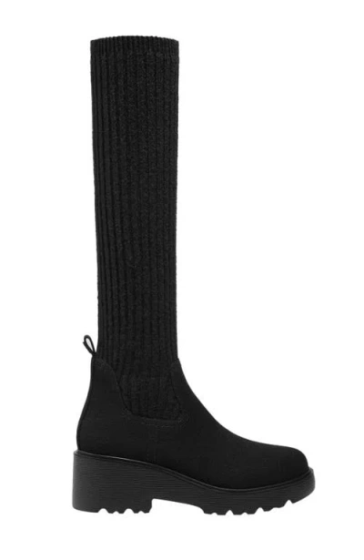 Vivaia Round-toe Knee-high Platform Chunky Wool Wedge Boots In Black