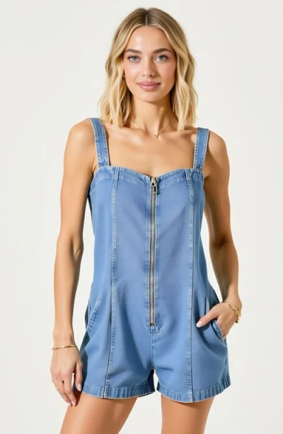 Modenaire Denim Zip-front Romper With Wide Straps And Side Pockets In Blue