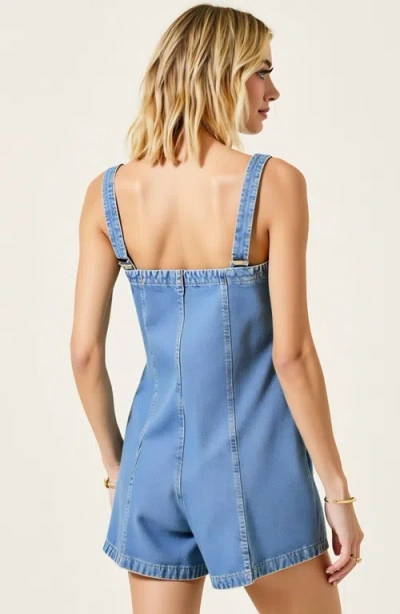 Modenaire Denim Zip-front Romper With Wide Straps And Side Pockets In Blue