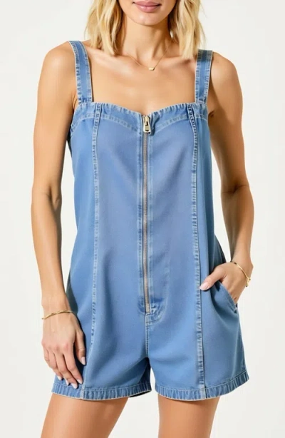 Modenaire Denim Zip-front Romper With Wide Straps And Side Pockets In Blue
