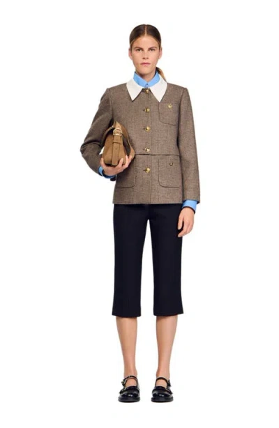 Sandro Womens Brown Contrast-collar Houndstooth Wool-blend Jacket