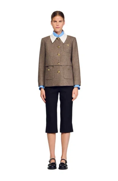 Sandro Womens Brown Contrast-collar Houndstooth Wool-blend Jacket