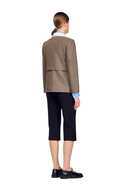 Sandro Womens Brown Contrast-collar Houndstooth Wool-blend Jacket