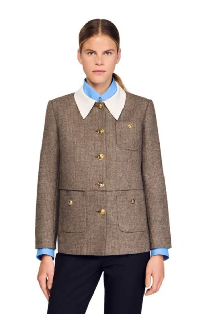 Sandro Womens Brown Contrast-collar Houndstooth Wool-blend Jacket