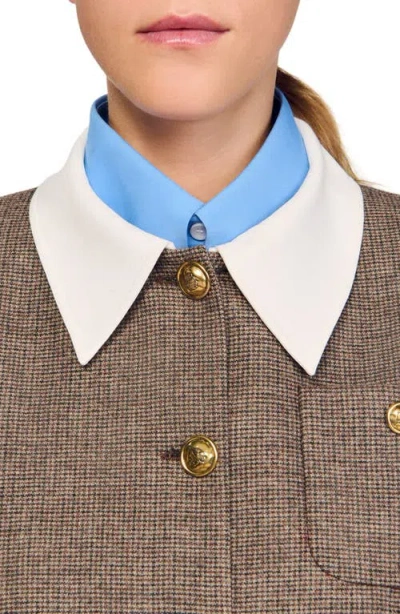 Sandro Womens Brown Contrast-collar Houndstooth Wool-blend Jacket