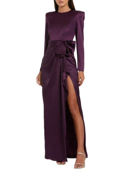 Mac Duggal Purple Long Sleeve Structured Bow Draped Column Gown In Brown