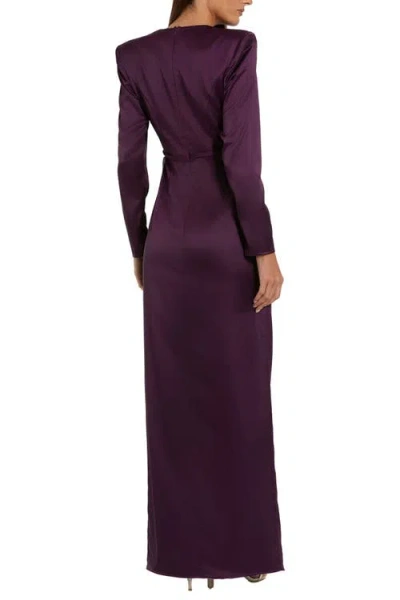 Mac Duggal Purple Long Sleeve Structured Bow Draped Column Gown In Brown