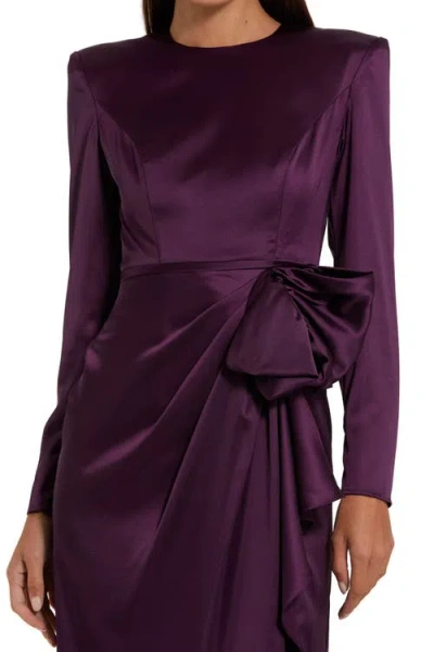 Mac Duggal Purple Long Sleeve Structured Bow Draped Column Gown In Brown