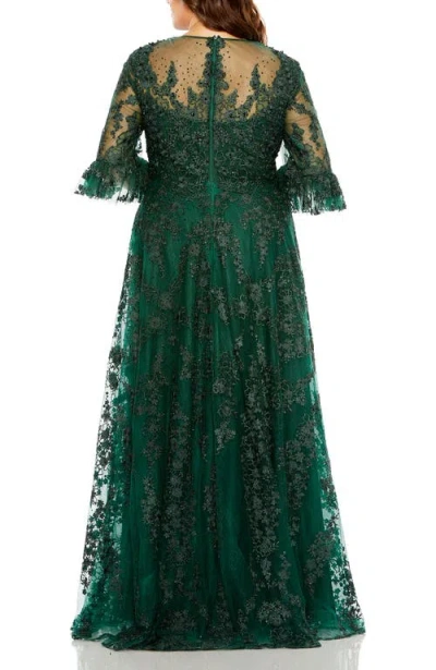 Mac Duggal High Neck Flutter Sleeve Embroidered A Line Gown In Green