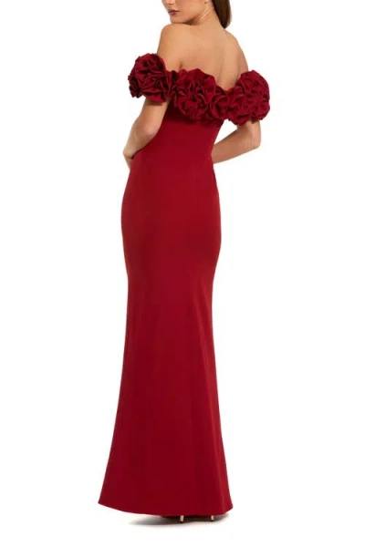 Mac Duggal Crepe Off The Shoulder Column Gown With 3d Roses In Red