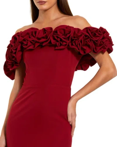 Mac Duggal Crepe Off The Shoulder Column Gown With 3d Roses In Red