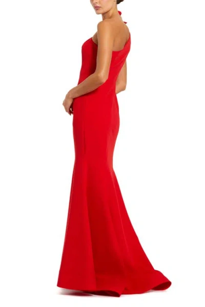 Mac Duggal Crepe One Shoulder Mermaid Gown With 3d Flower In Red