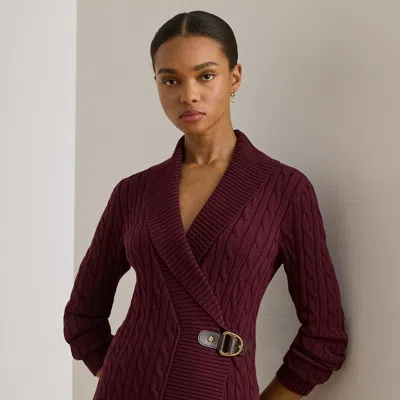 Ralph Lauren Lauren  Cable Stitch Cotton Wrap Cardigan In Burgundy