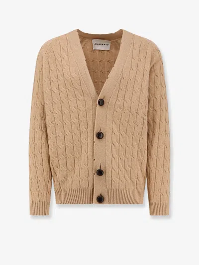 Amaranto Beige Cable Knit Cardigan With Deep V-neck And Button Closure In Brown