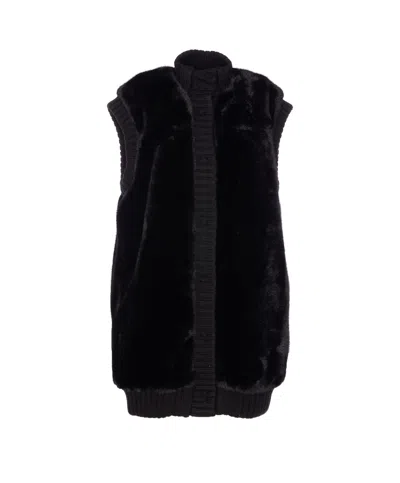 Pinko Genovese Black Sleeveless Vest With High Neck And Ribbed Details In Ecofur Woman In Black