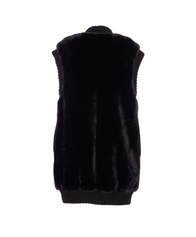 Pinko Genovese Black Sleeveless Vest With High Neck And Ribbed Details In Ecofur Woman In Black